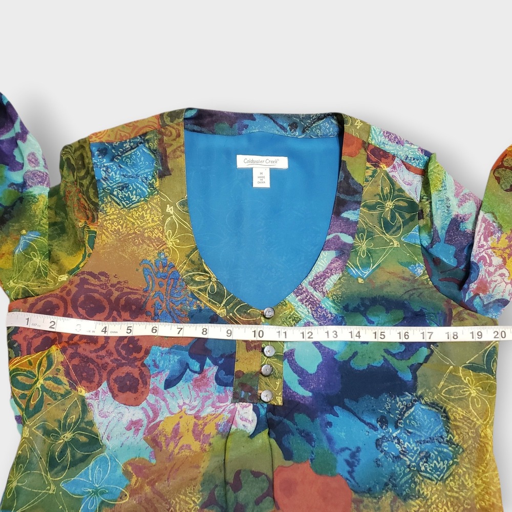 SOLD-Coldwater Creek 100% Silk Abstract Floral Patchwork Blouse Womens Medium - Picture 10 of 13
